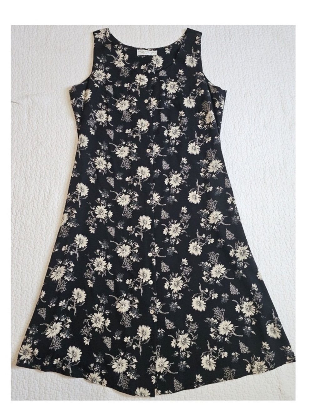Vintage Valerie Stevens Black Grey Ivory Floral Button Front Sleeveless Dress